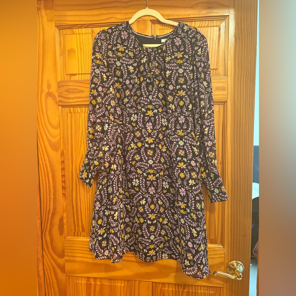 Boden Long Sleeve Mini Dress in Purple and Yellow Floral Pattern
